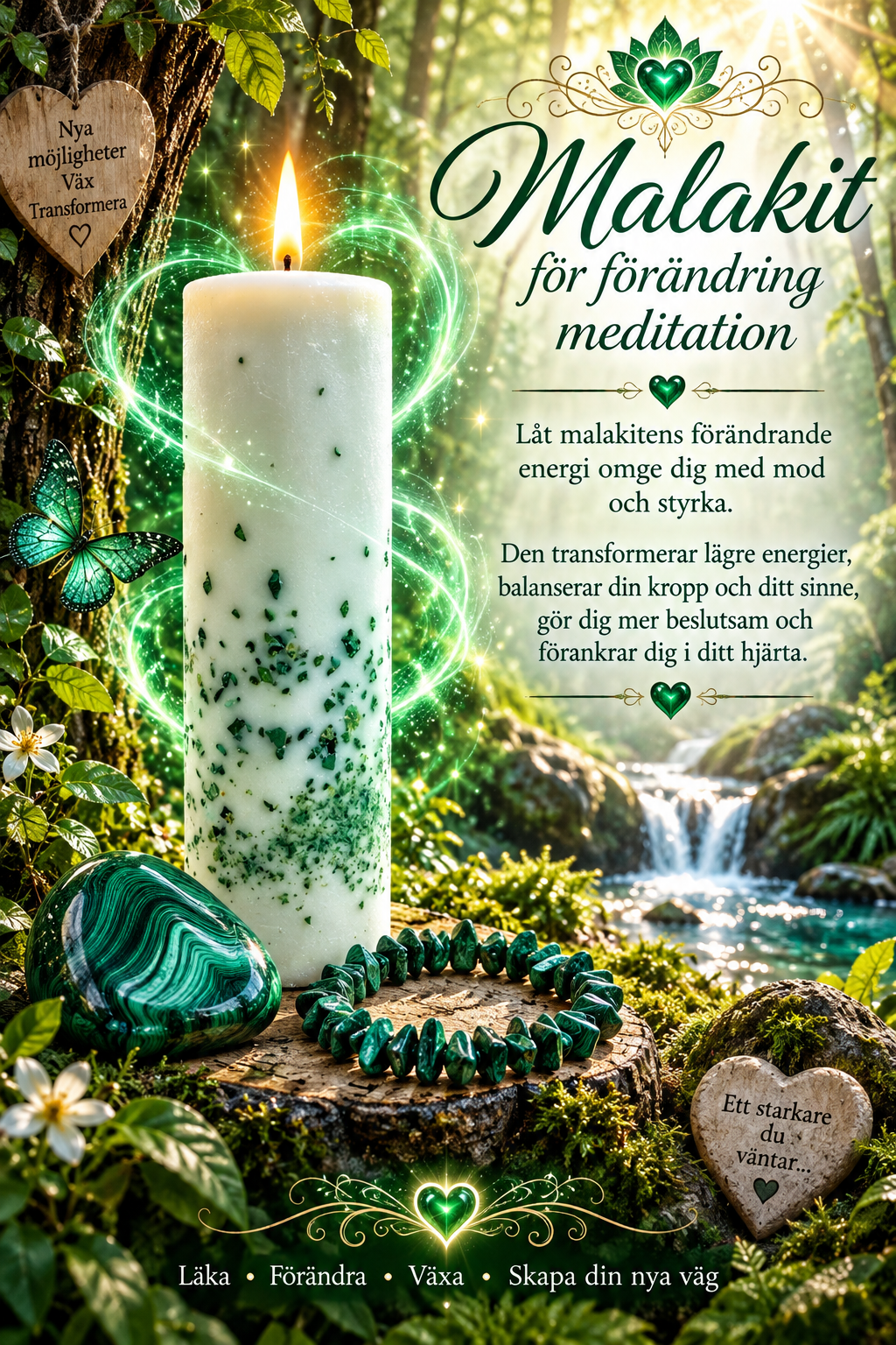Presentpåse -Malakit, Ljus, armband och sten i Malakit med meditation