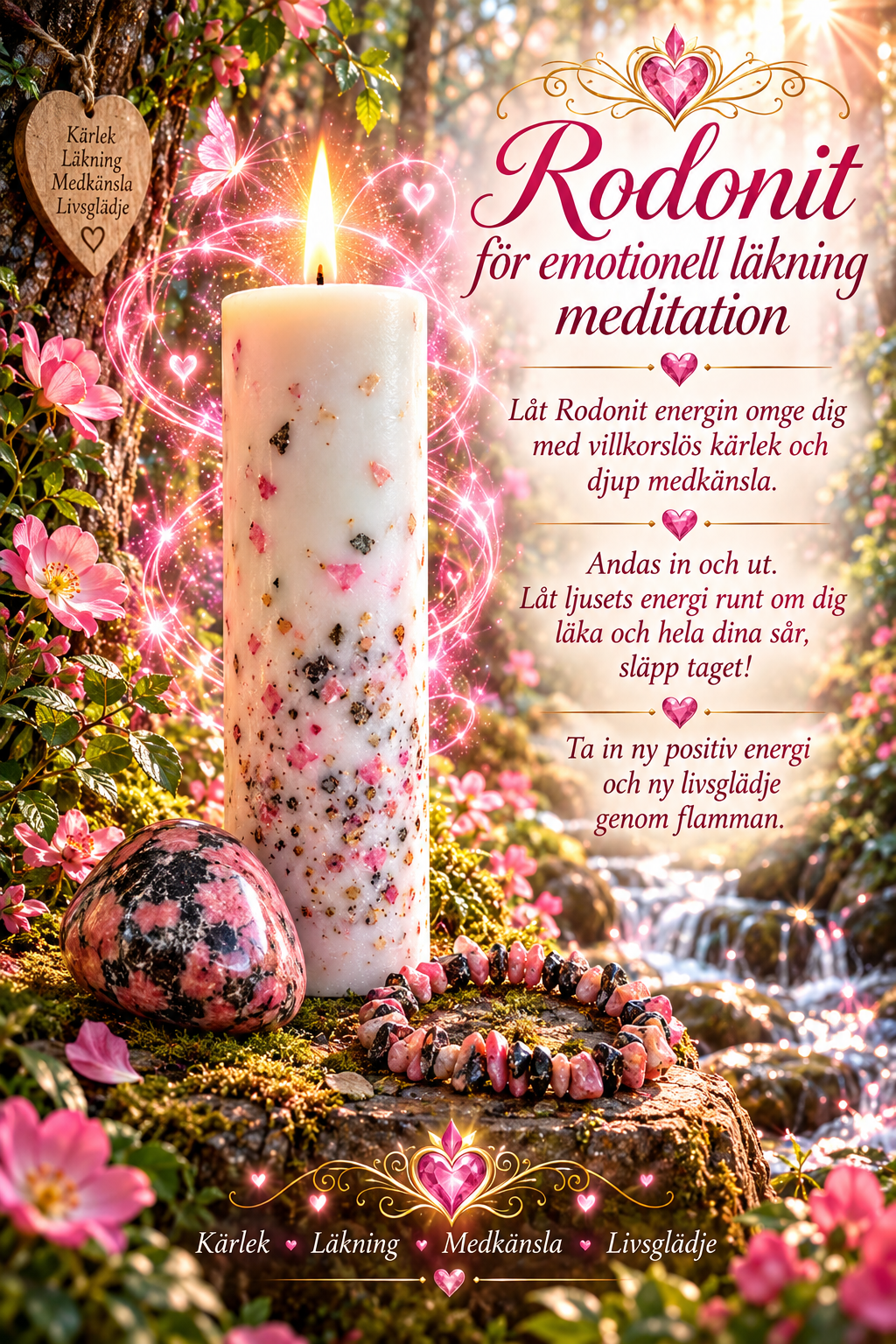 Presentpåse- Rodonit, Ljus, armband och sten i Rodonit med meditation