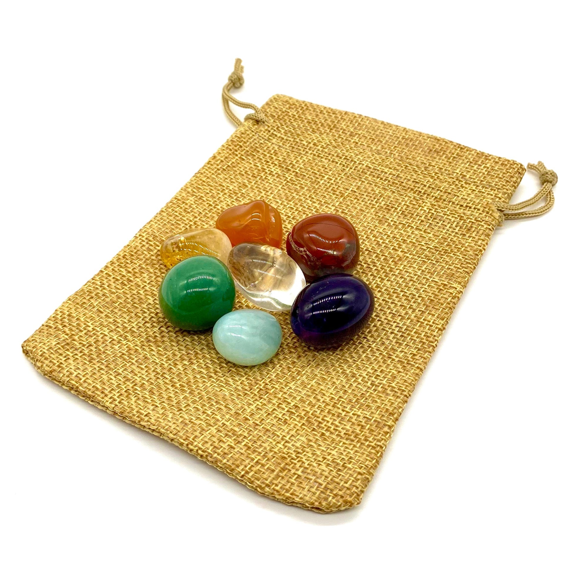 Chakrakristall-set med 7 kristaller – komplett set för chakrabalansering, meditation och energiarbete, inklusive förvaringspåse