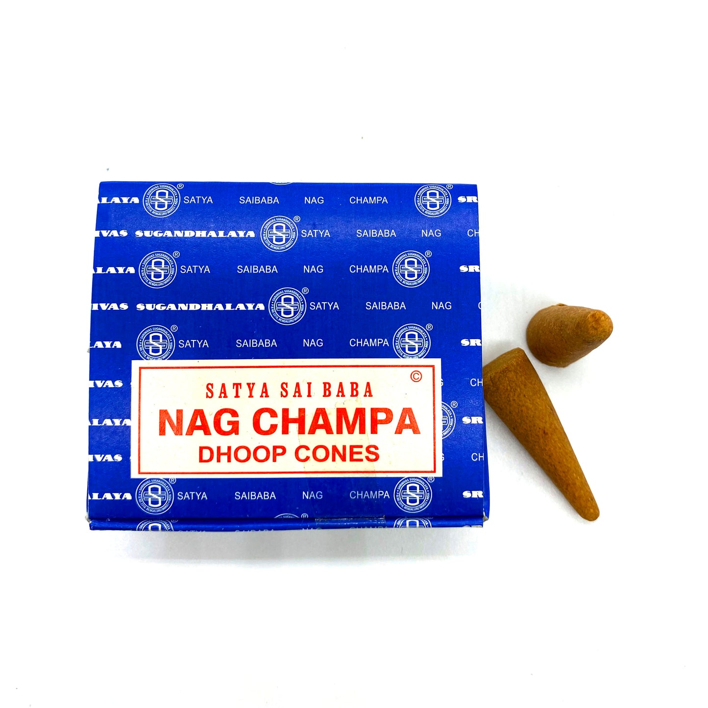Nag Champa rökelsekon handgjord med naturliga ingredienser, mild doft för meditation och avslappning, 12 stycken per förpackning från Indien