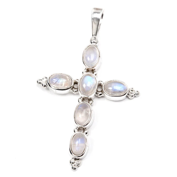 Korshänge i äkta silver med infattade regnbågsmånstenar, handgjort på Bali – elegant och energigivande smycke