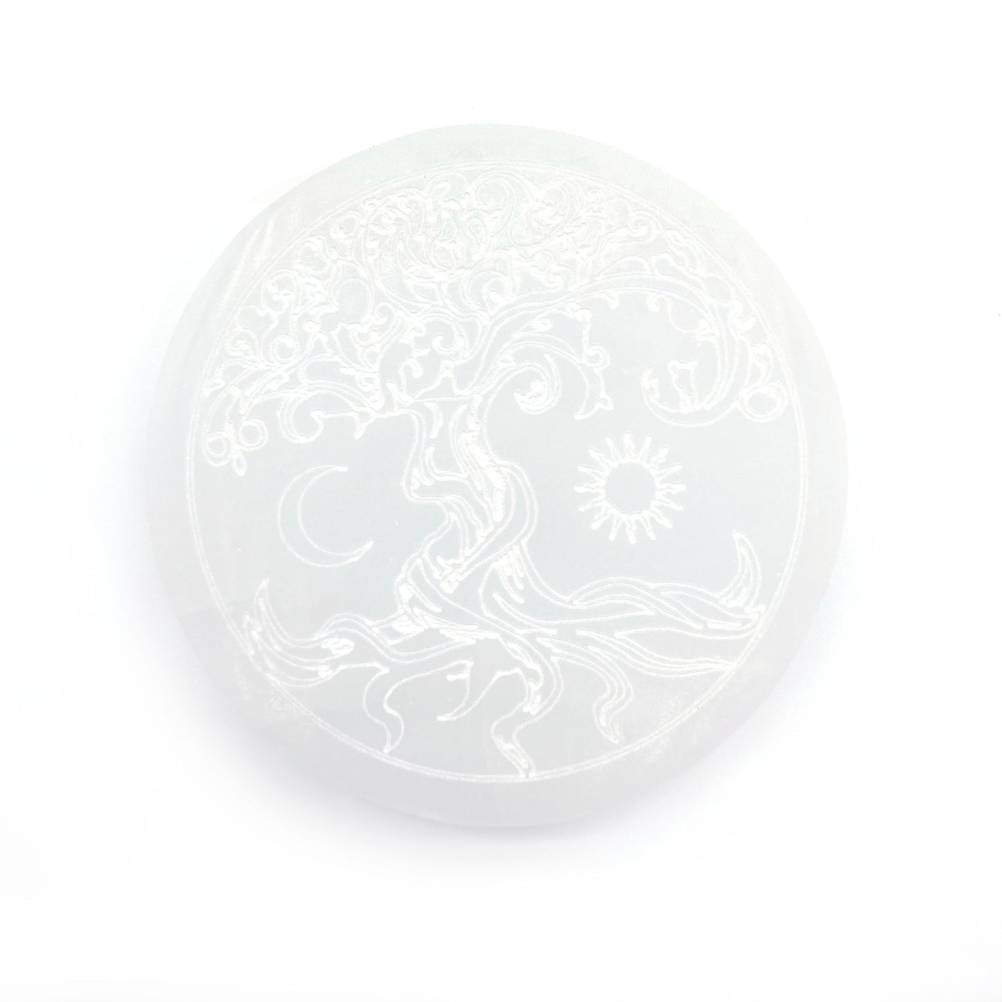 Runda Selenit-skivor för laddning och rening av kristaller – beskyddande och lugnande sten, storlek 104x15 mm